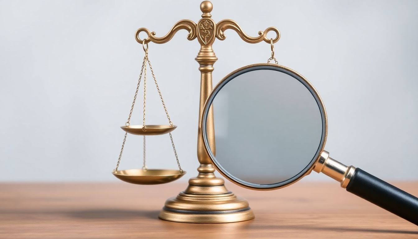 A scale of justice with a magnifying glass, representing ethical and legal considerations in competitor analysis.