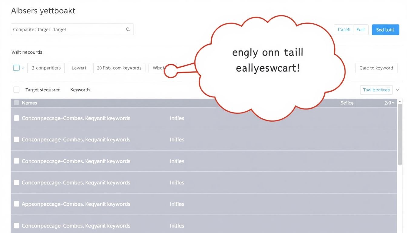A keyword research tool displaying a list of competitors' target keywords, with a thought bubble showing ideas for long-tail keywords.