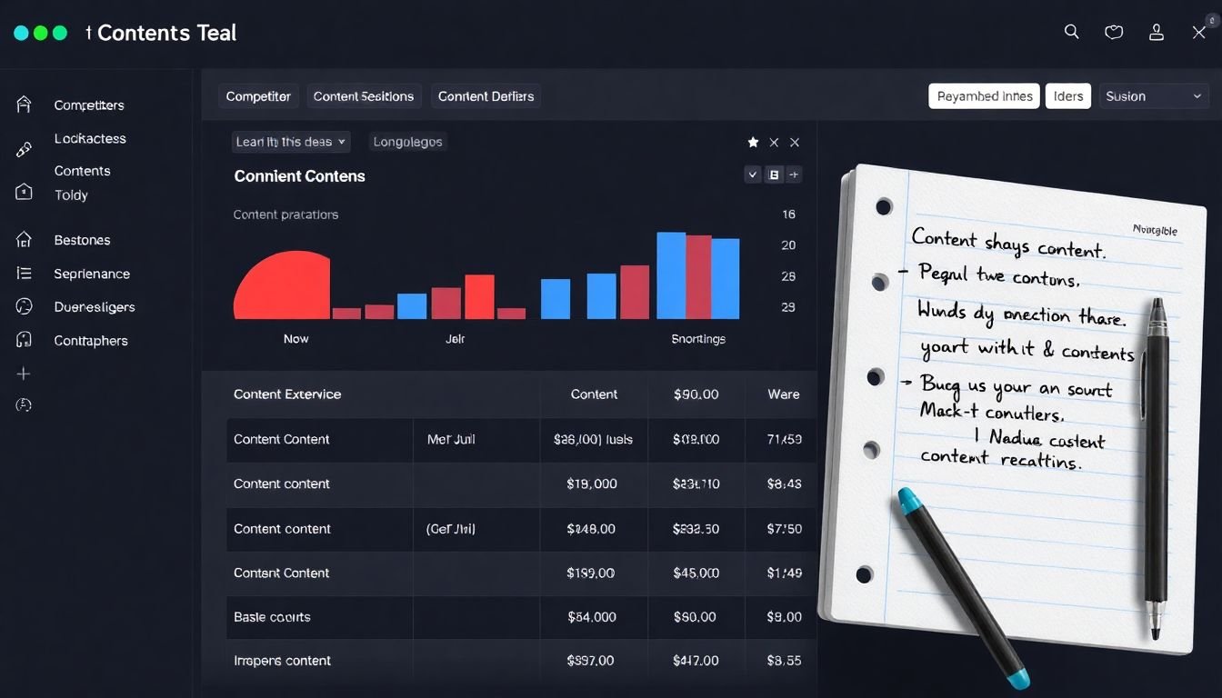 A content analysis tool displaying competitors' content performance, with a notebook jotting down ideas for improved content.