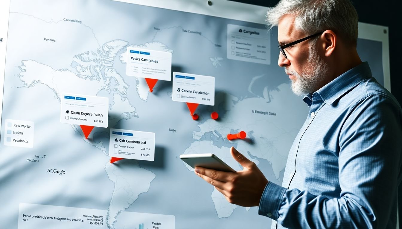 A strategist studying a map with competitor websites marked, using tools like SEMrush, Ahrefs, and Google Analytics to gather data.