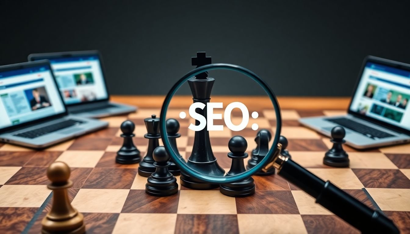 A close-up of a chessboard with pieces representing SEO elements, surrounded by open laptops showing competitor websites, with a magnifying glass highlighting a winning strategy.