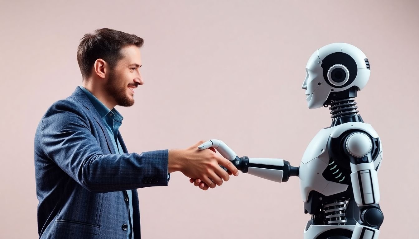 A handshake between a human marketer and an AI algorithm, symbolizing collaboration and mutual respect.