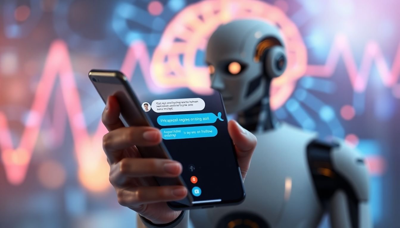 A chatbot conversation on a smartphone, with AI brain waves visible in the background.
