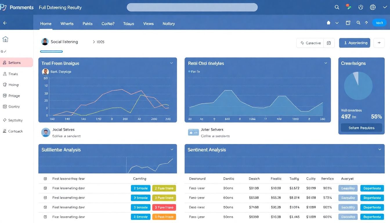 An AI-powered social listening dashboard with real-time graphs and sentiment analysis results.