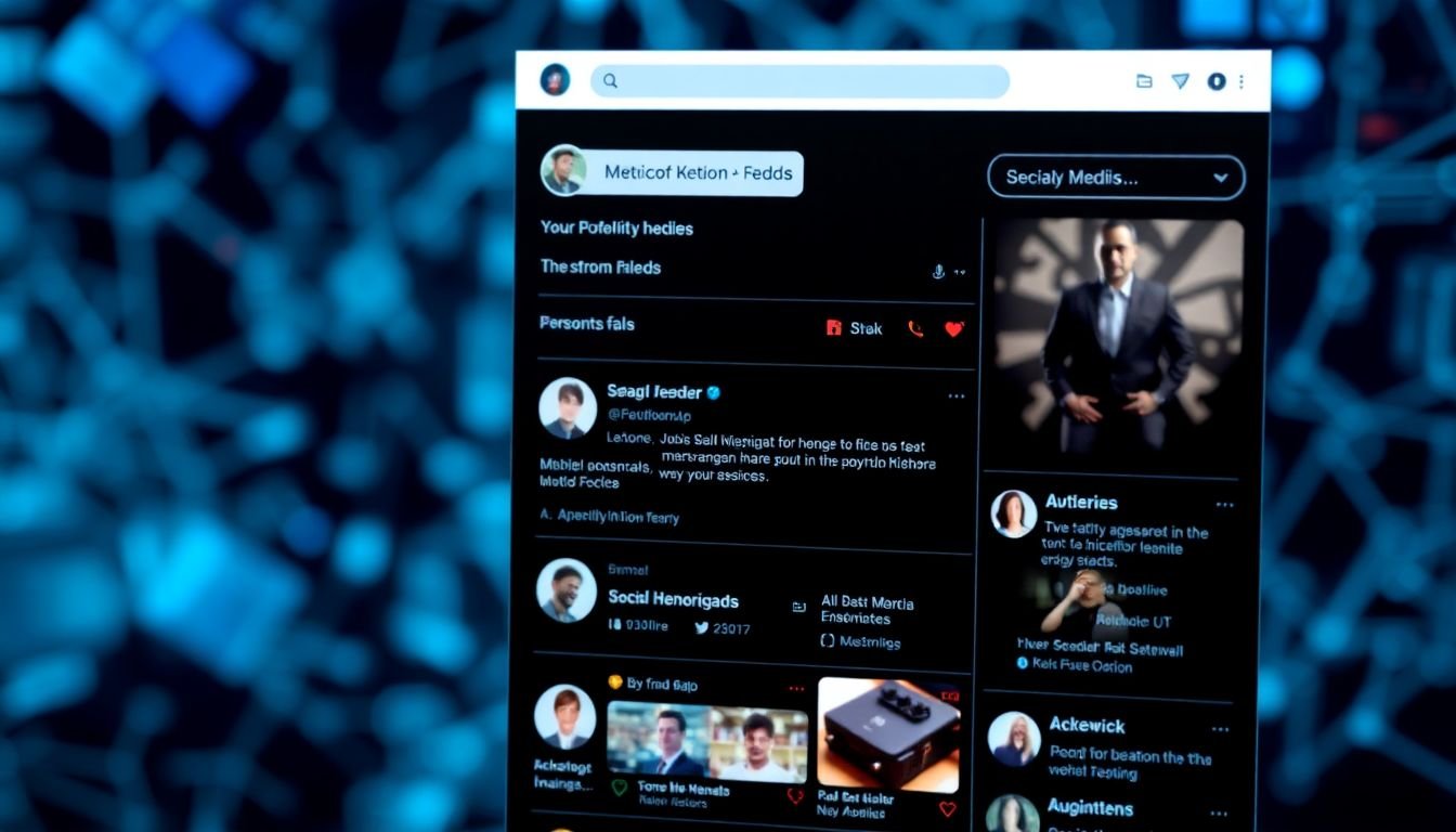 A personalized social media feed tailored to a user's interests, with AI algorithms visible in the background.