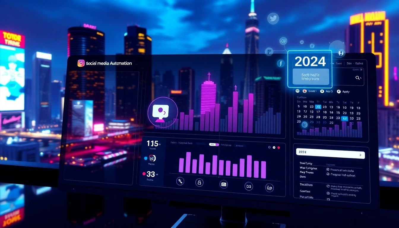 A futuristic cityscape with neon lights reflecting on a sleek, AI-powered social media automation dashboard, surrounded by holographic social media icons and a calendar displaying 2024.