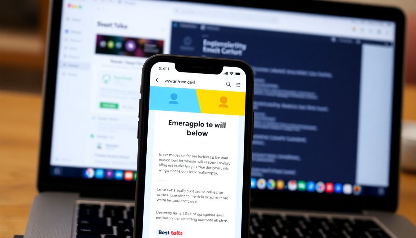 A smartphone screen displaying a responsive email design, with a laptop screen in the background showing an email automation platform.