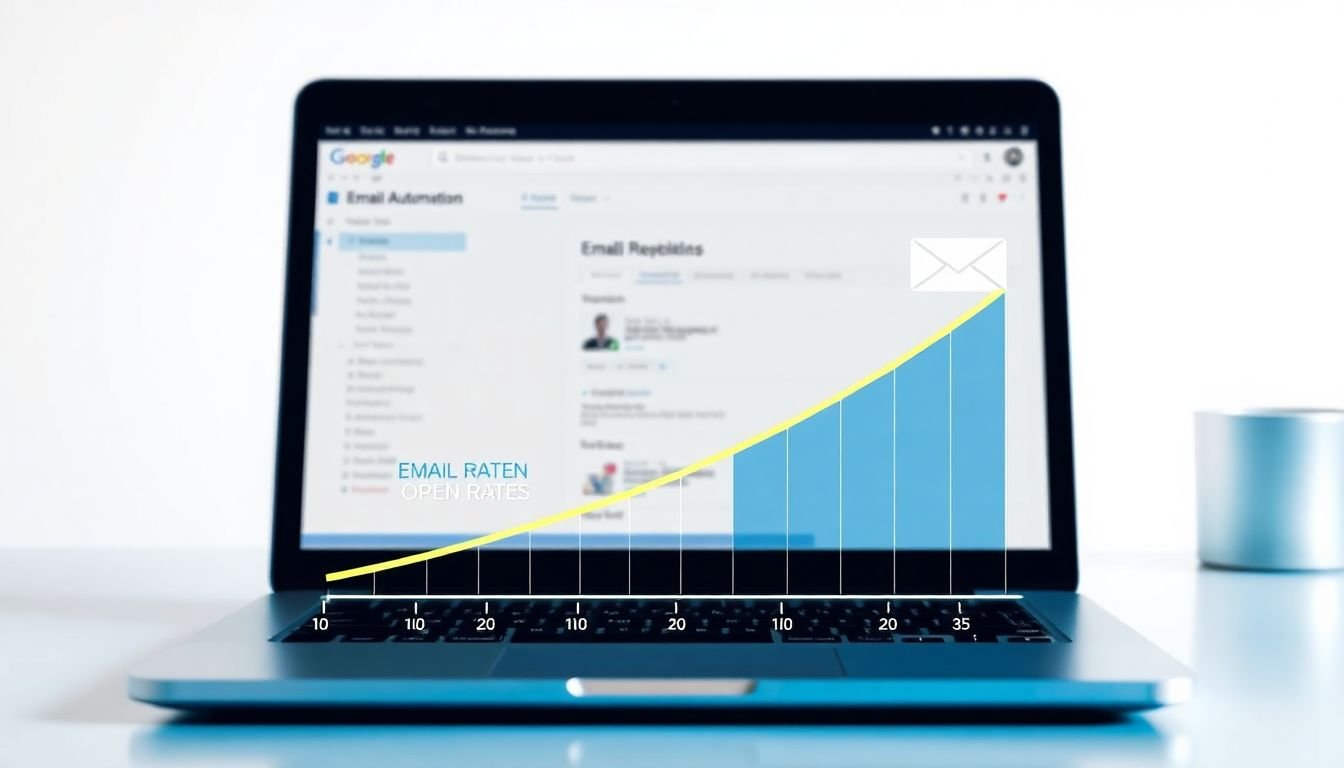 A graph showing the relationship between sender reputation and email open rates, with a laptop screen in the background showing an email automation platform.