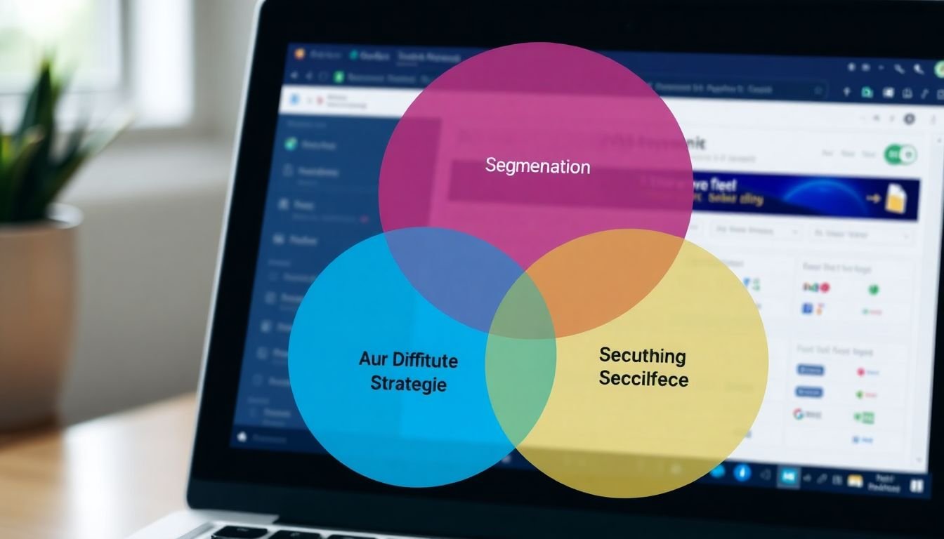 A Venn diagram illustrating different segmentation strategies, with a laptop screen in the background showing an email automation platform.