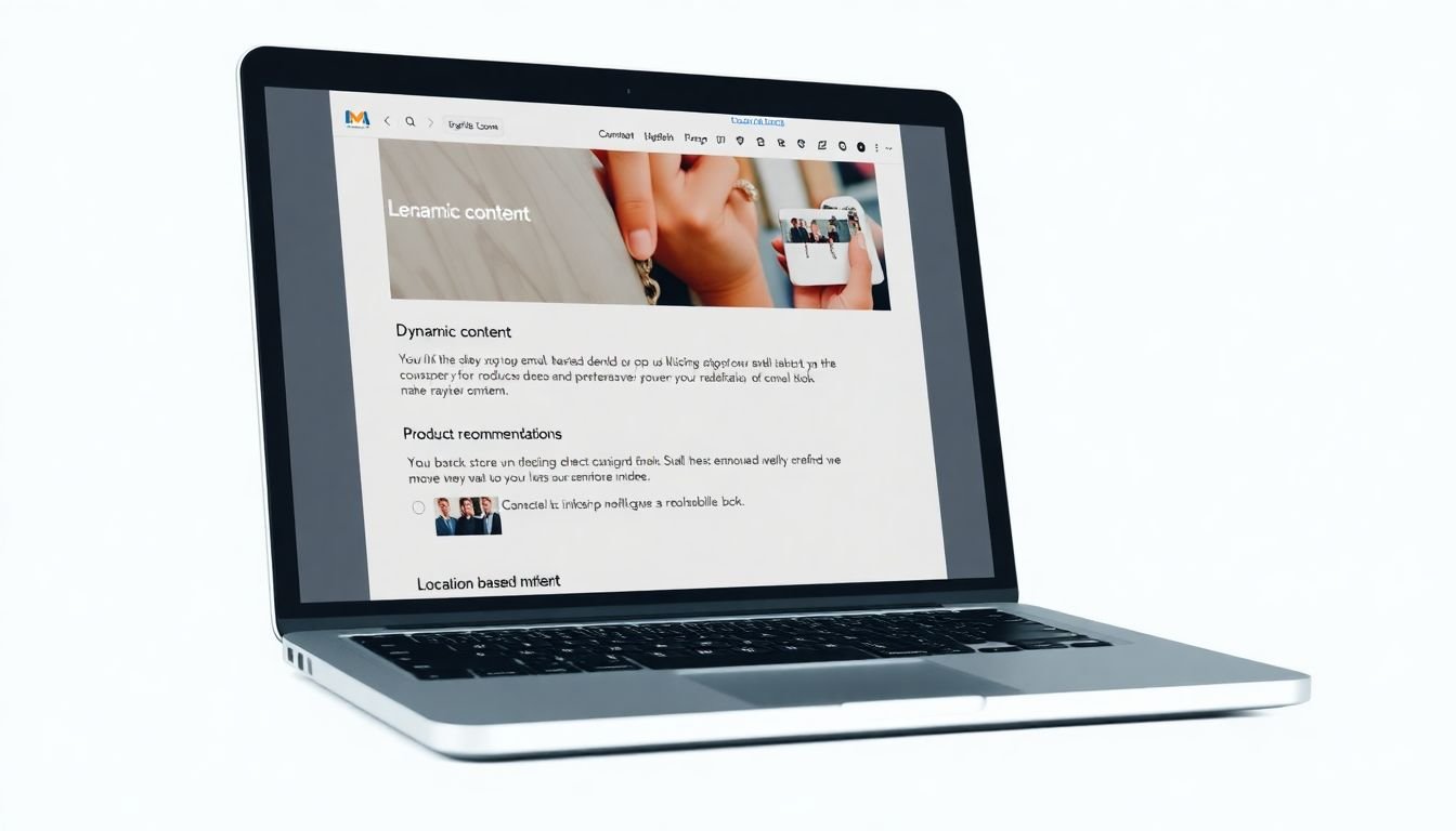 A laptop screen displaying a personalized email with dynamic content, product recommendations, and location-based information.