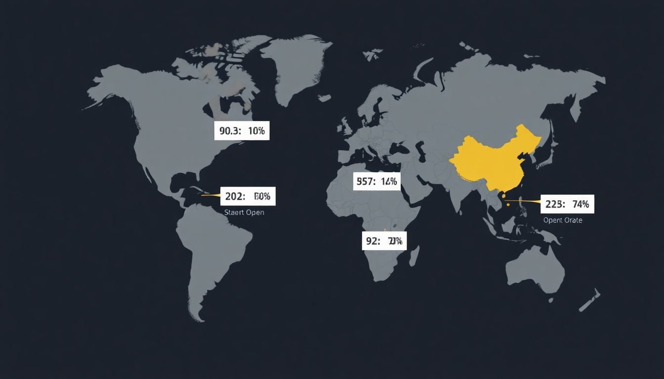 A world map with different time zones highlighted, each with a corresponding email open rate percentage.