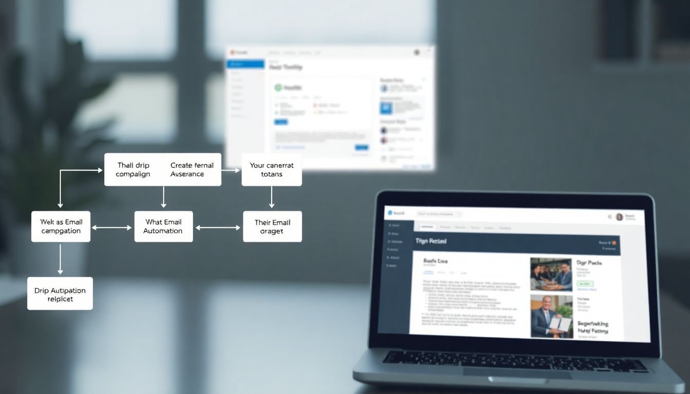 A flowchart illustrating a drip campaign sequence, with a laptop screen in the background showing an email automation platform.