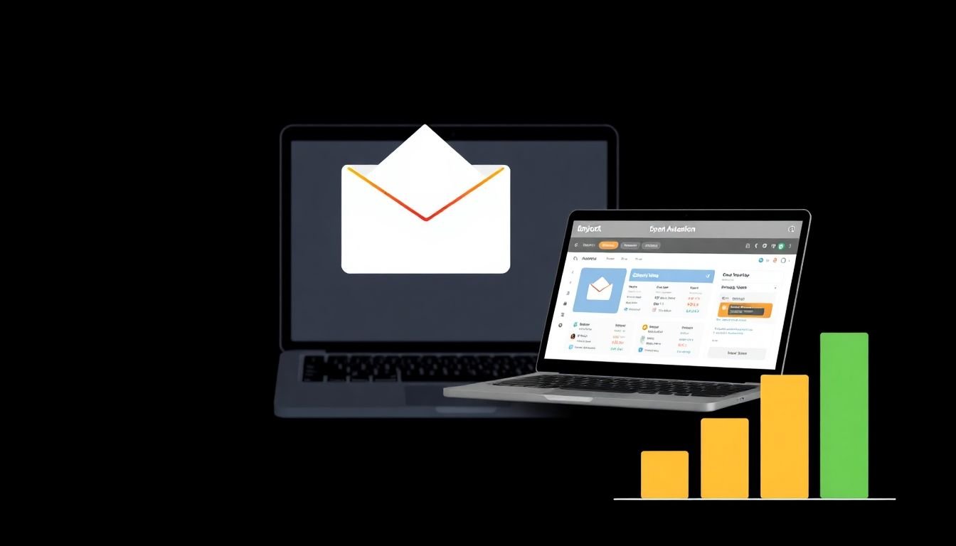 A dynamic image of a well-organized inbox with open emails, a laptop showing an email automation dashboard, and a graph displaying a significant increase in open rates.