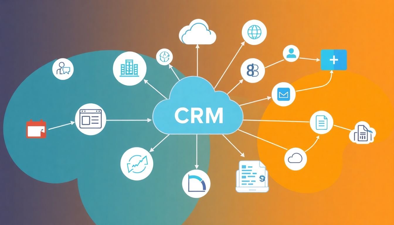 A visual representation of various business applications connected via APIs, with data flowing seamlessly into a central CRM hub.