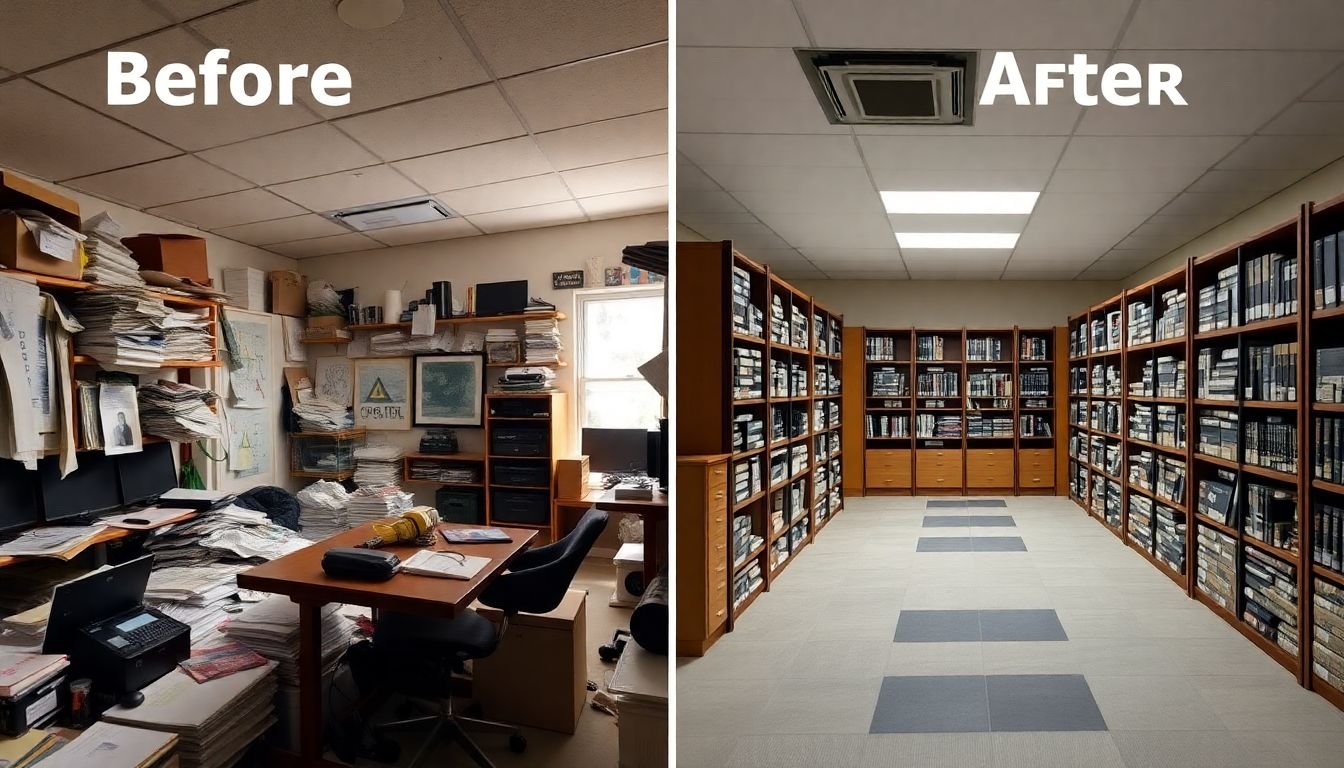 A before-and-after image of a messy, disorganized data room transforming into a clean, well-structured data warehouse after CRM integration.