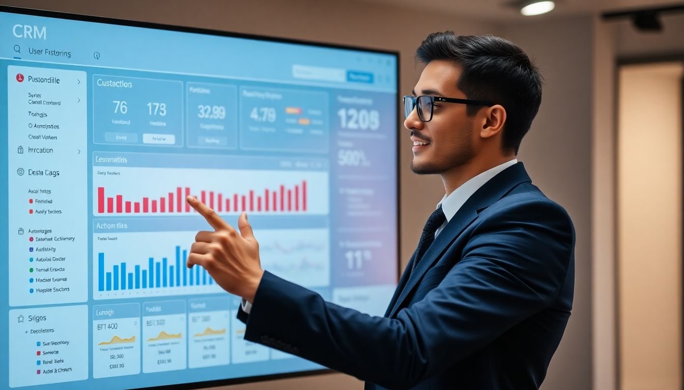 A dynamic image of a business professional effortlessly navigating a user-friendly CRM dashboard, with customer data points seamlessly integrating from various sources, forming a 360-degree customer view, and automating personalized marketing campaigns in real-time.