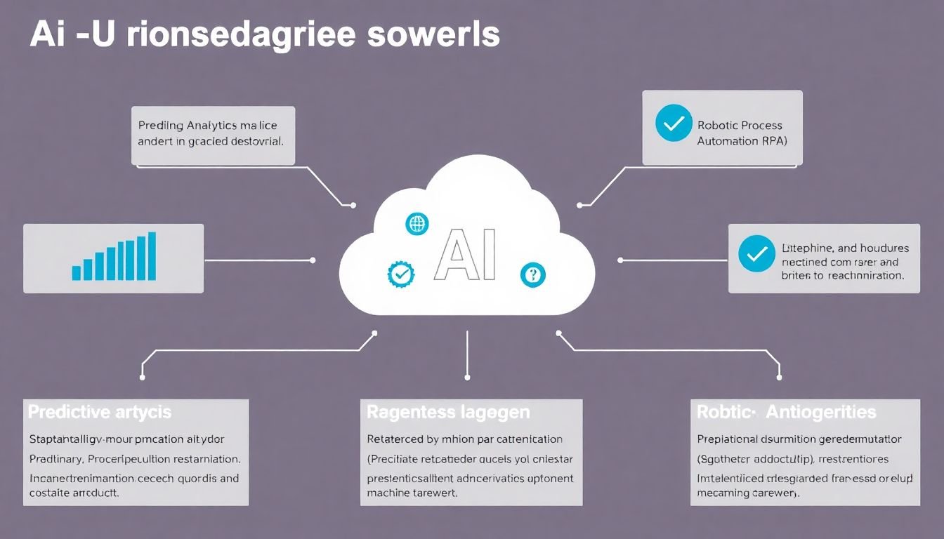 An infographic showcasing AI-driven solutions like predictive analytics, machine learning, and robotic process automation (RPA).