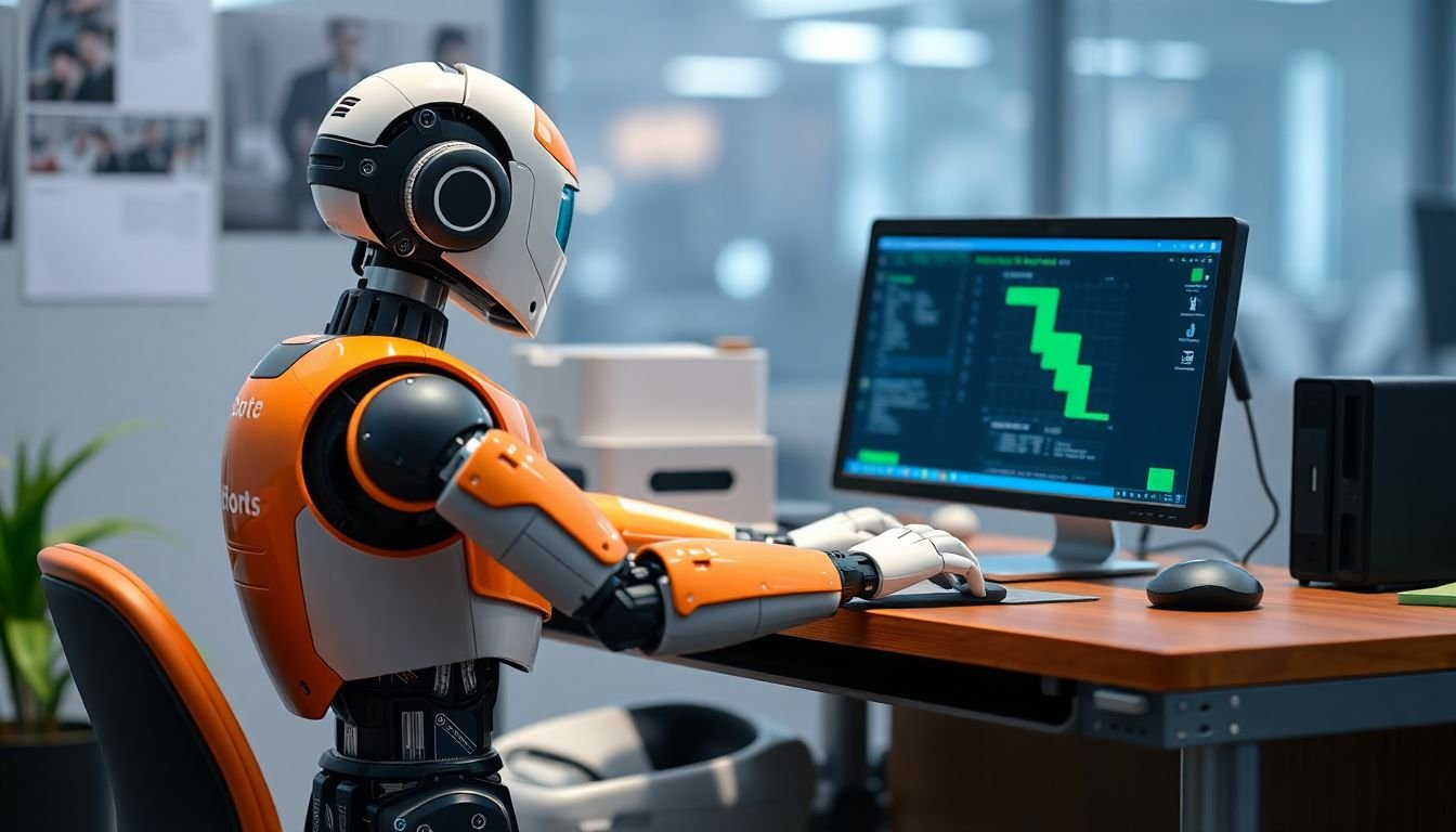 A robot 'worker' sitting at a desk, performing tasks on a computer.