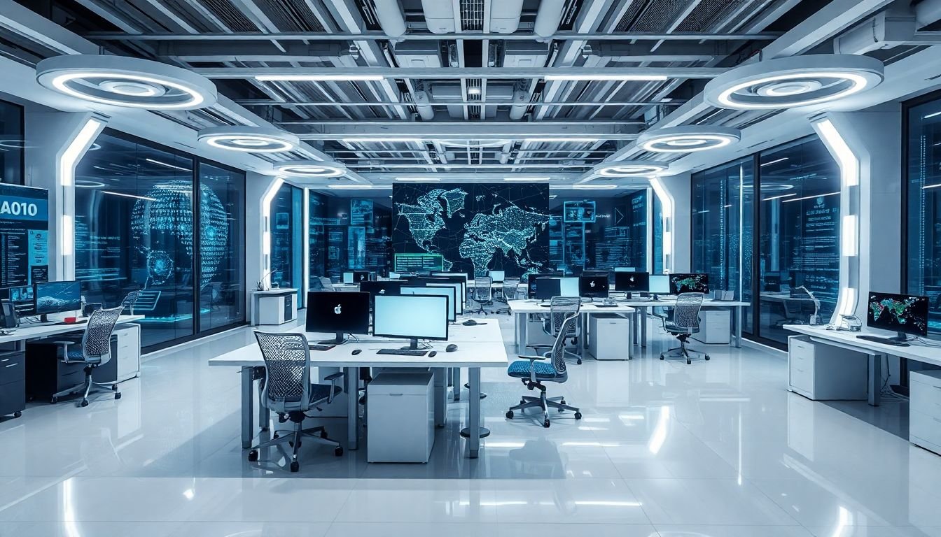 A futuristic office space filled with advanced AI-driven technologies.