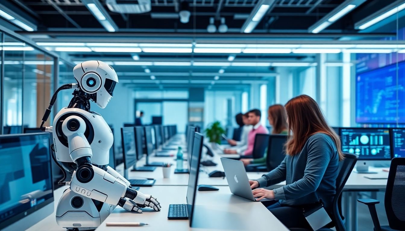 A modern office space with robots and AI-driven software working side by side with humans, showcasing the harmony between technology and business operations.