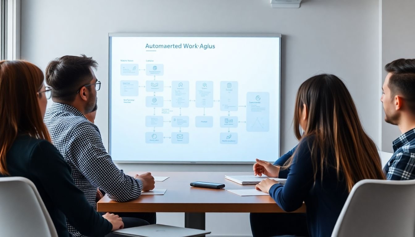 A team brainstorming session, with one person presenting an automated workflow idea to a receptive team.