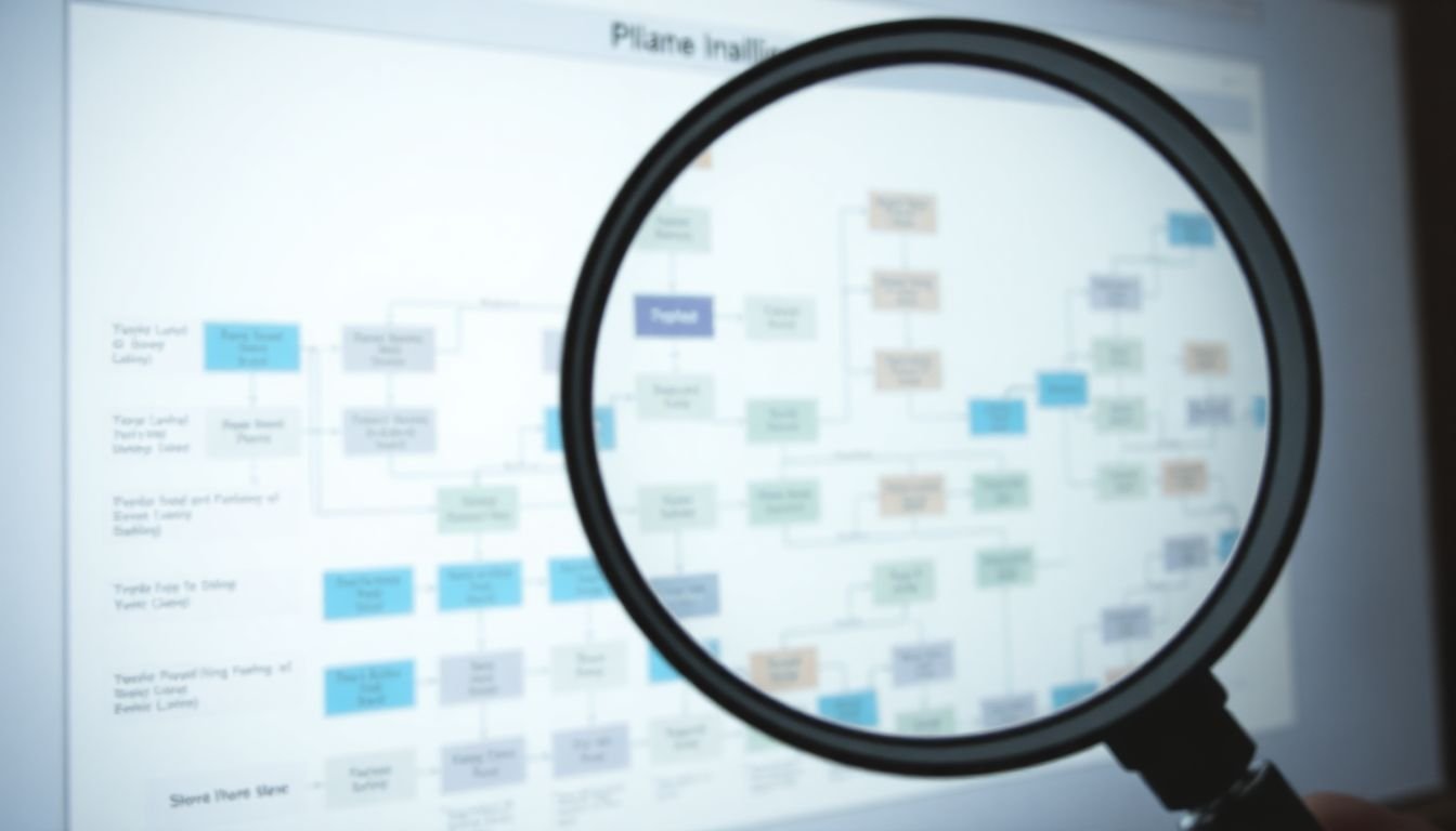 A magnifying glass over a flowchart, highlighting areas where workflows are slow or inefficient.