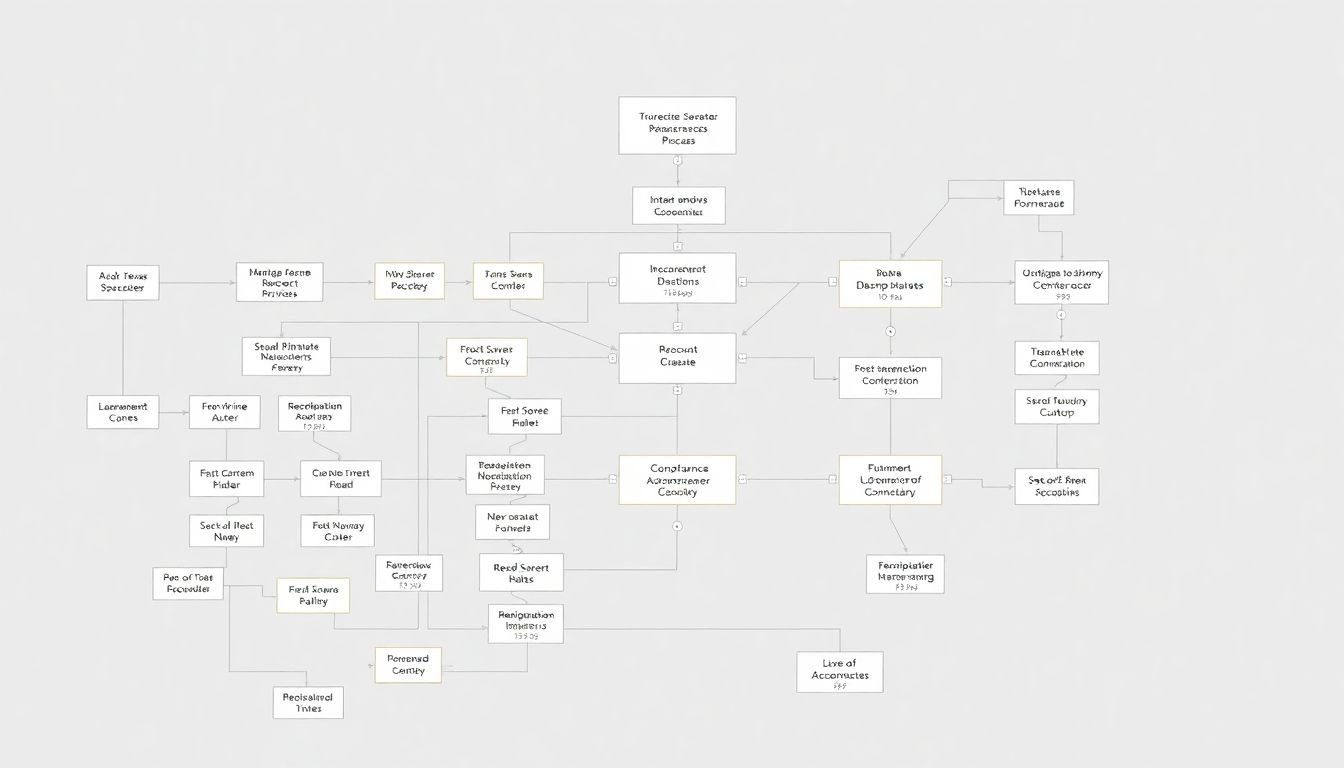 A complex flowchart with multiple branches, all connected by automated processes.