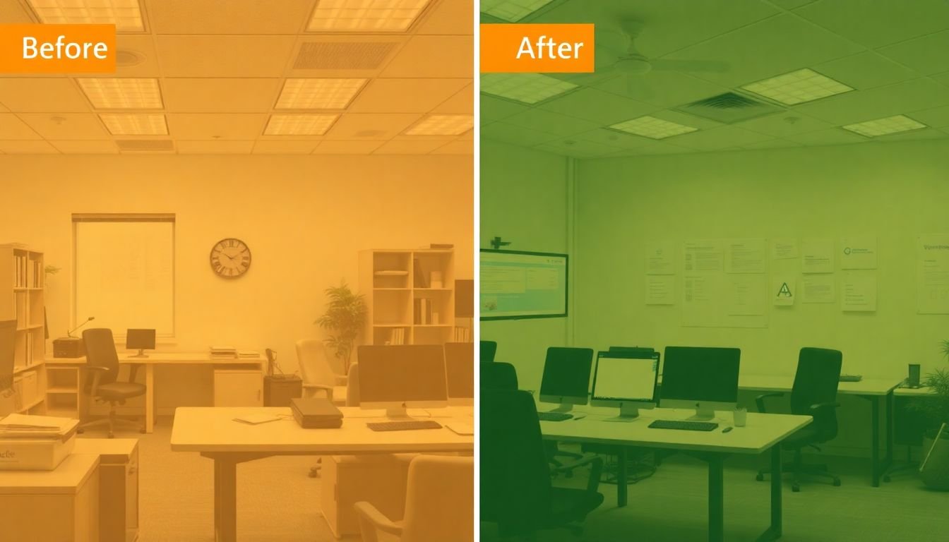 A before-and-after comparison of a chaotic office to a streamlined, automated one, with digital workflows replacing manual processes.