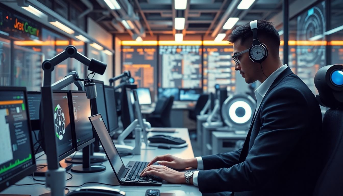 A futuristic office scene, filled with advanced automation tools and AI-driven technologies.