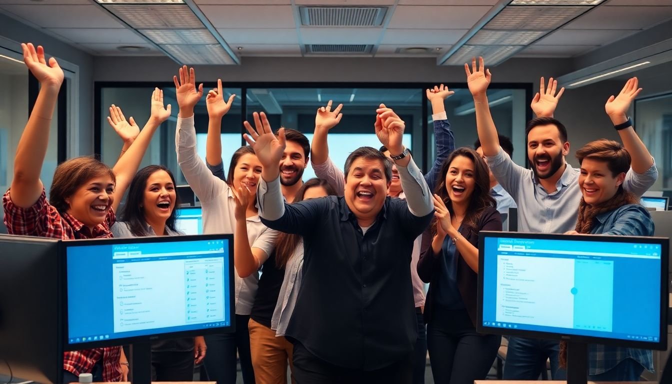 A dynamic office scene with a team celebrating their increased productivity, surrounded by automated workflow tools and digital checklists on screens.