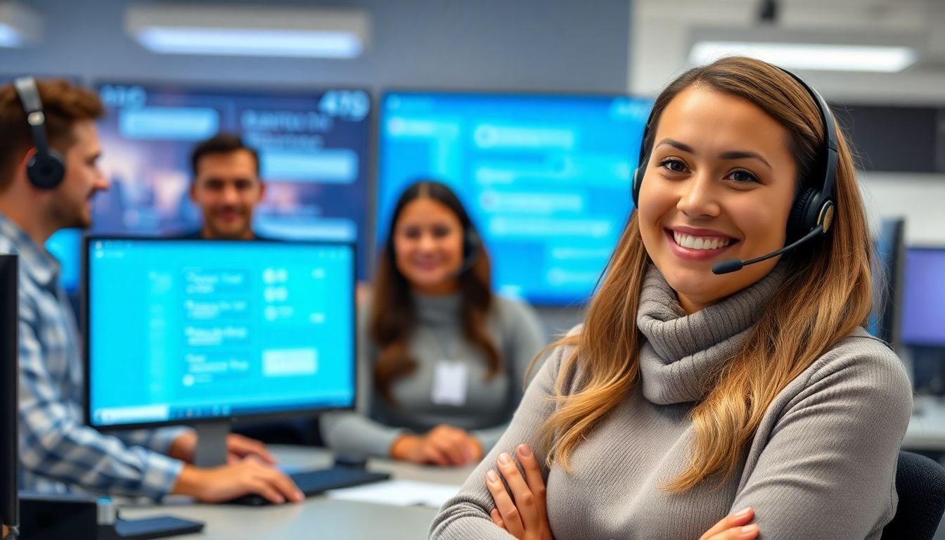 A team of human agents and AI chatbots working together in a customer service center, with a satisfied customer in the foreground