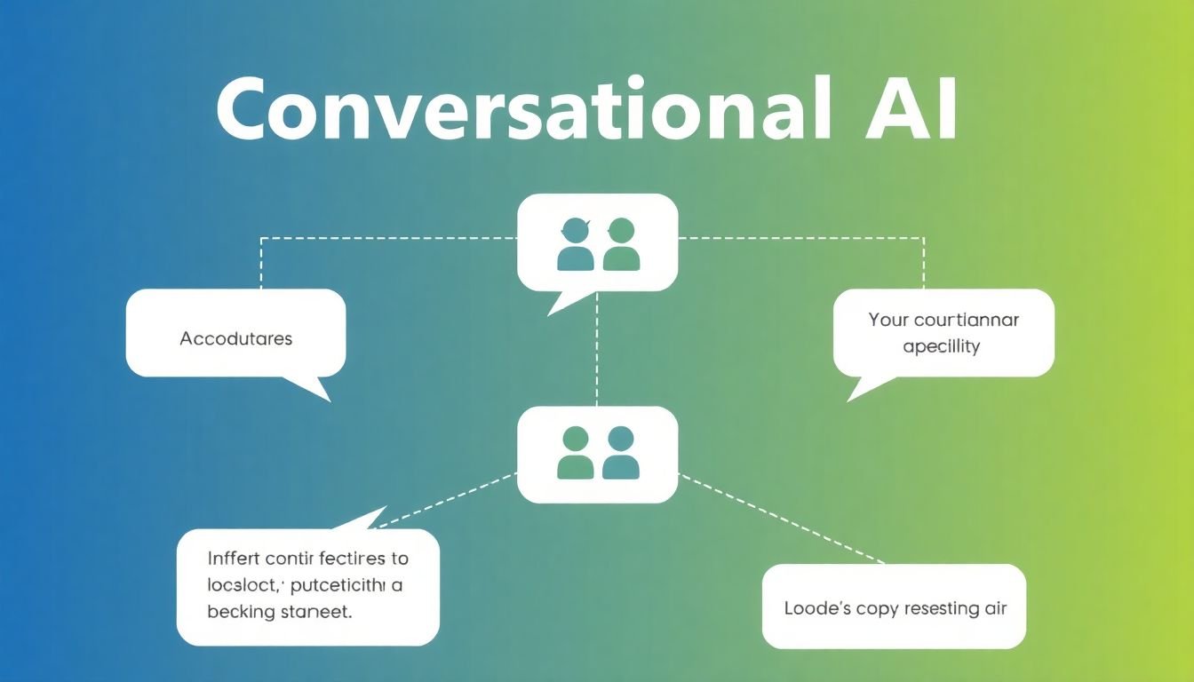 A diagram illustrating the components of conversational AI, with speech bubbles representing human-chatbot interaction