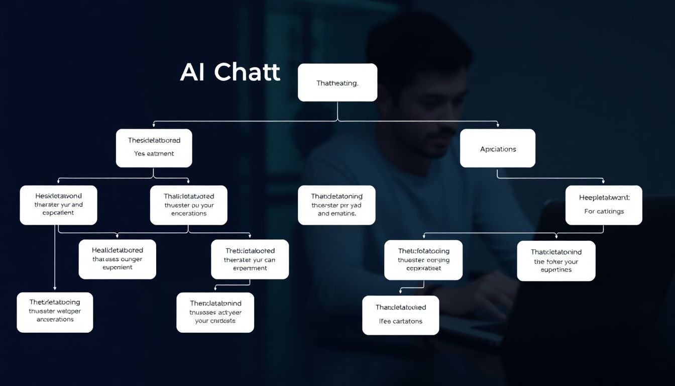 A flowchart outlining the steps of AI chatbot development, with a coder working on a laptop in the background