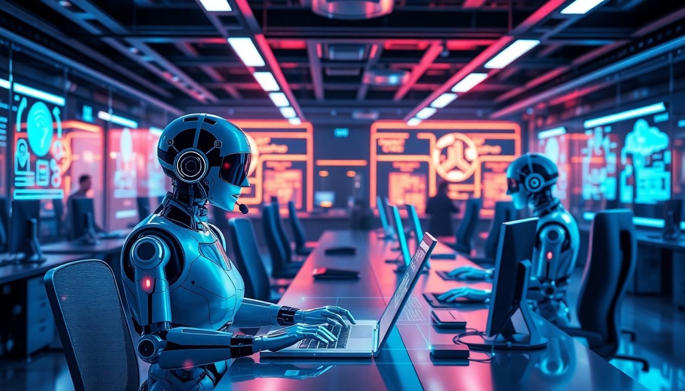 A futuristic customer service center with AI chatbots using advanced technologies to assist customers, with a holographic interface in the foreground