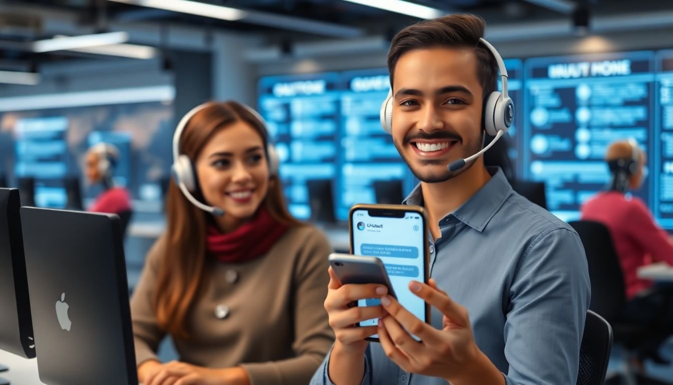 A futuristic customer service center with AI chatbots handling multiple queries simultaneously, while a satisfied customer smiles, holding a smartphone showing a chatbot conversation.