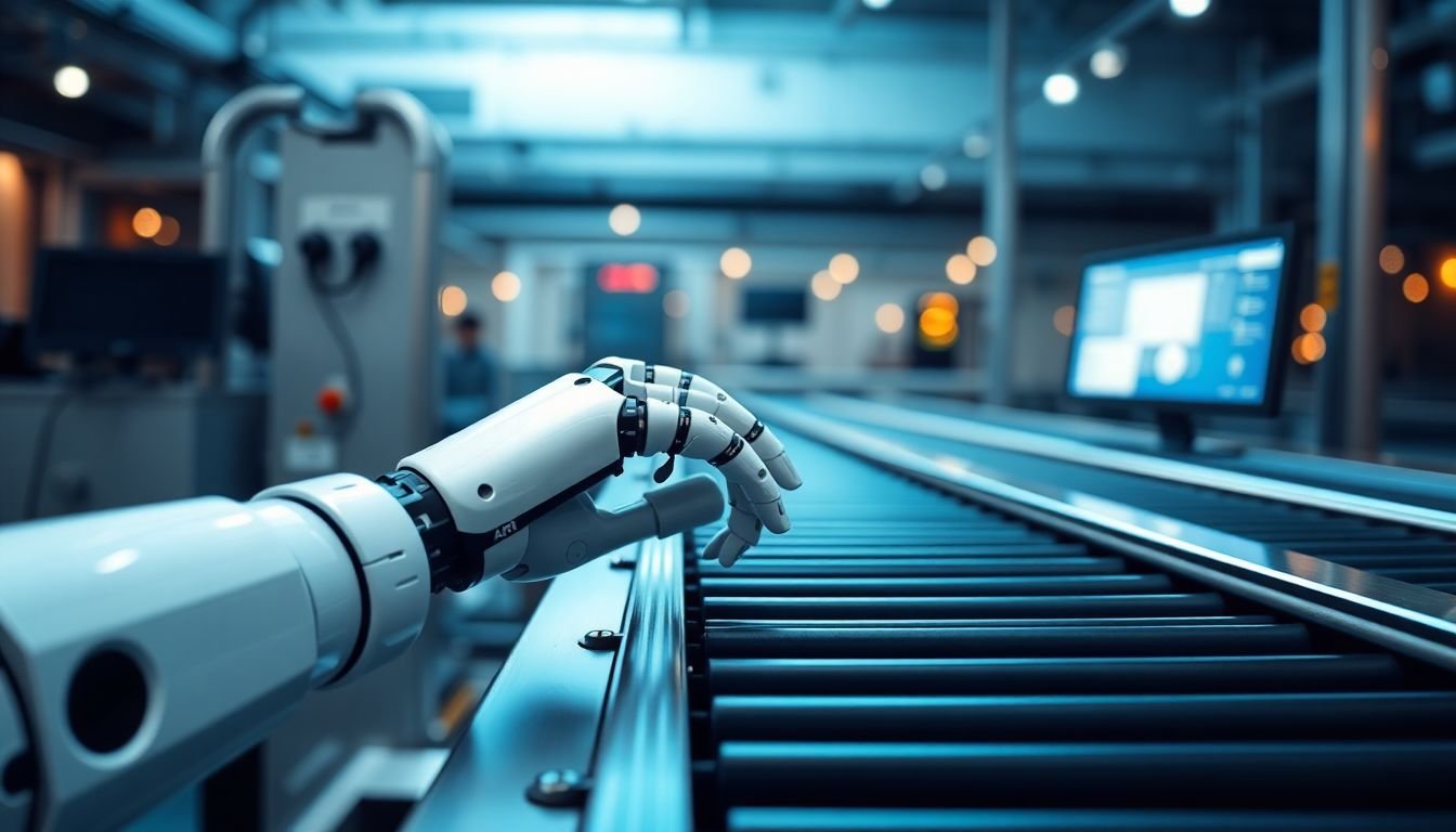 A robot arm operating a marketing automation machine, with leads flowing through a conveyor belt.