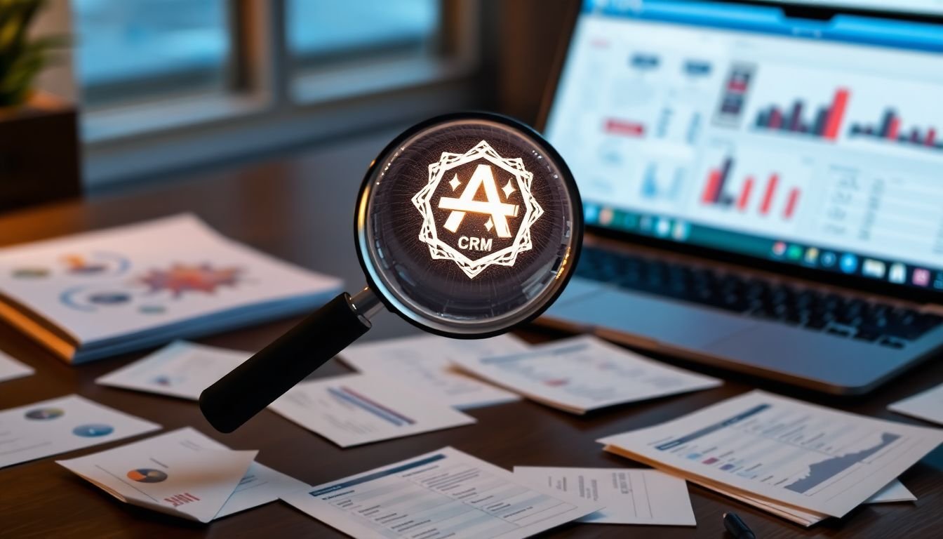 A magnifying glass hovering over a table filled with scattered business cards, data sheets, and a laptop showing a CRM dashboard, with a glowing alchemy symbol in the background.