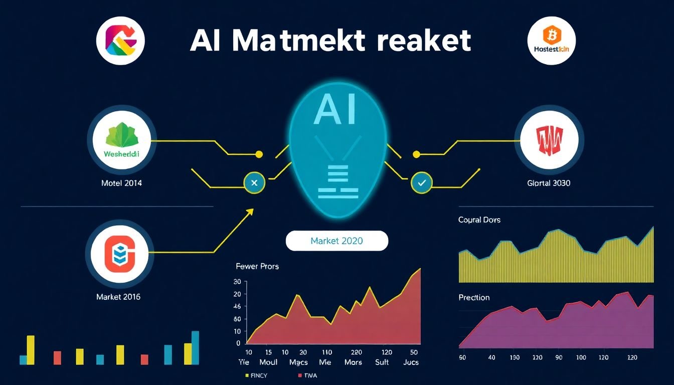A dynamic infographic showcasing AI algorithms analyzing market data, with competitor logos and graphs illustrating market share, trends, and predictions.
