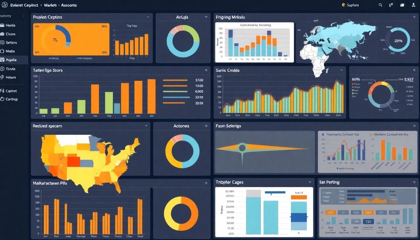 A dashboard filled with interactive charts, graphs, and maps, allowing users to explore and interpret predictive market research data.