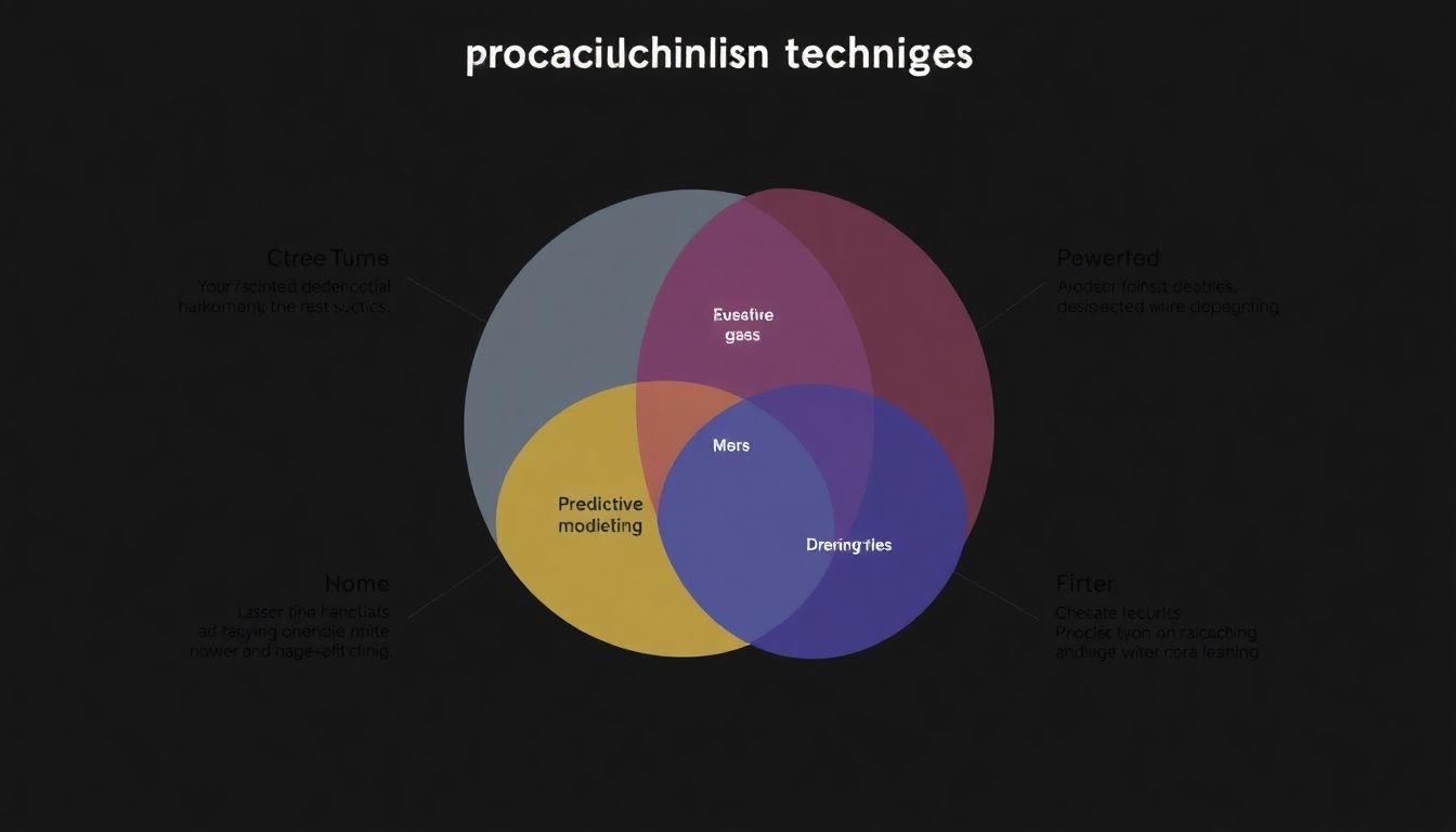 A Venn diagram illustrating the intersection of different predictive modeling techniques, with examples of their use cases.