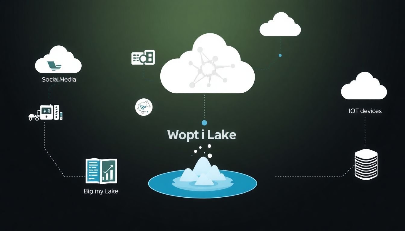 A visual representation of big data sources, such as social media, IoT devices, and customer databases, converging into a central data lake.