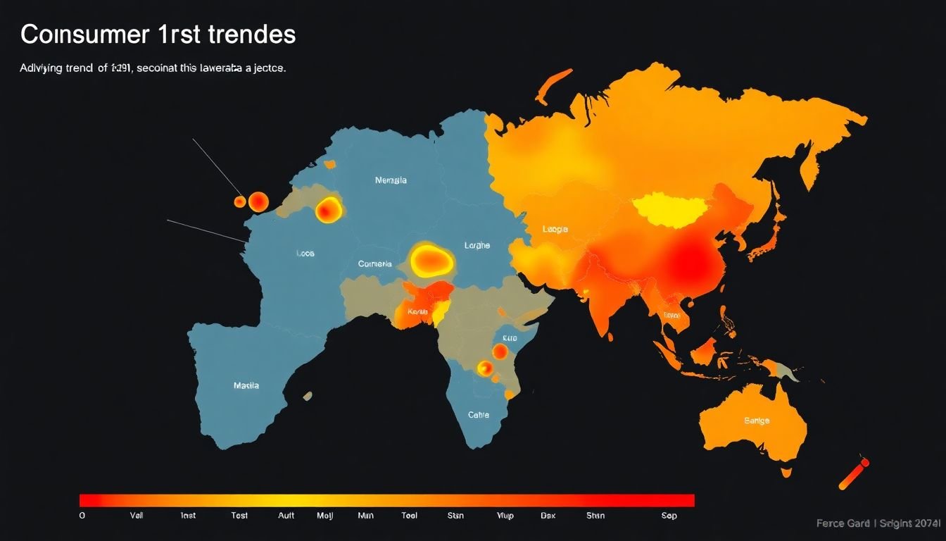 A heat map illustrating consumer trends across different regions, with hotspots indicating emerging trends.