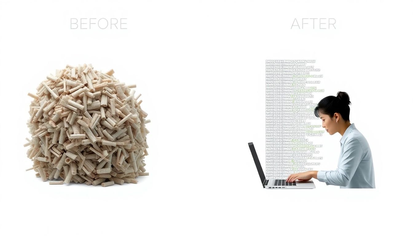 A before-and-after comparison of raw, messy data and clean, structured data, with a data scientist working on a laptop to bridge the gap.
