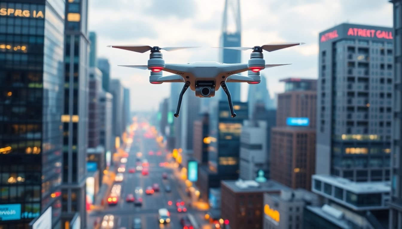A futuristic cityscape with flying drones and augmented reality devices, symbolizing the integration of predictive market research into everyday life.