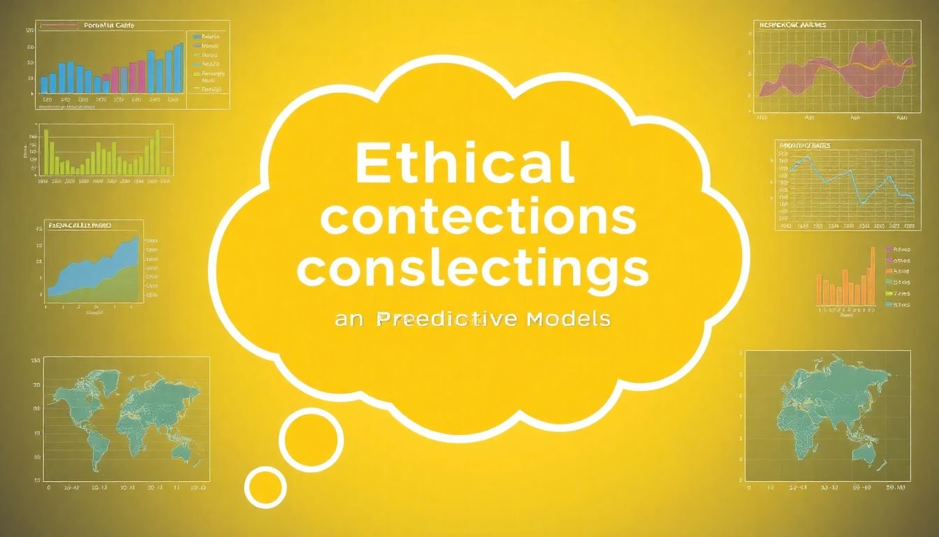 A thought bubble with ethical considerations and challenges written inside, surrounded by data visualizations and predictive models.