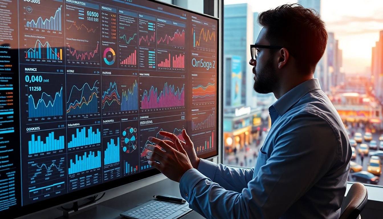 A data scientist analyzing complex market trends on a sprawling digital dashboard, with graphs and charts illustrating consumer behavior patterns, while a futuristic cityscape and bustling marketplace are visible through the window.