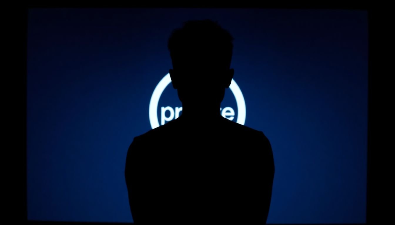 A silhouette of a person with a blurred face, standing in front of a laptop with a 'private' symbol on the screen.
