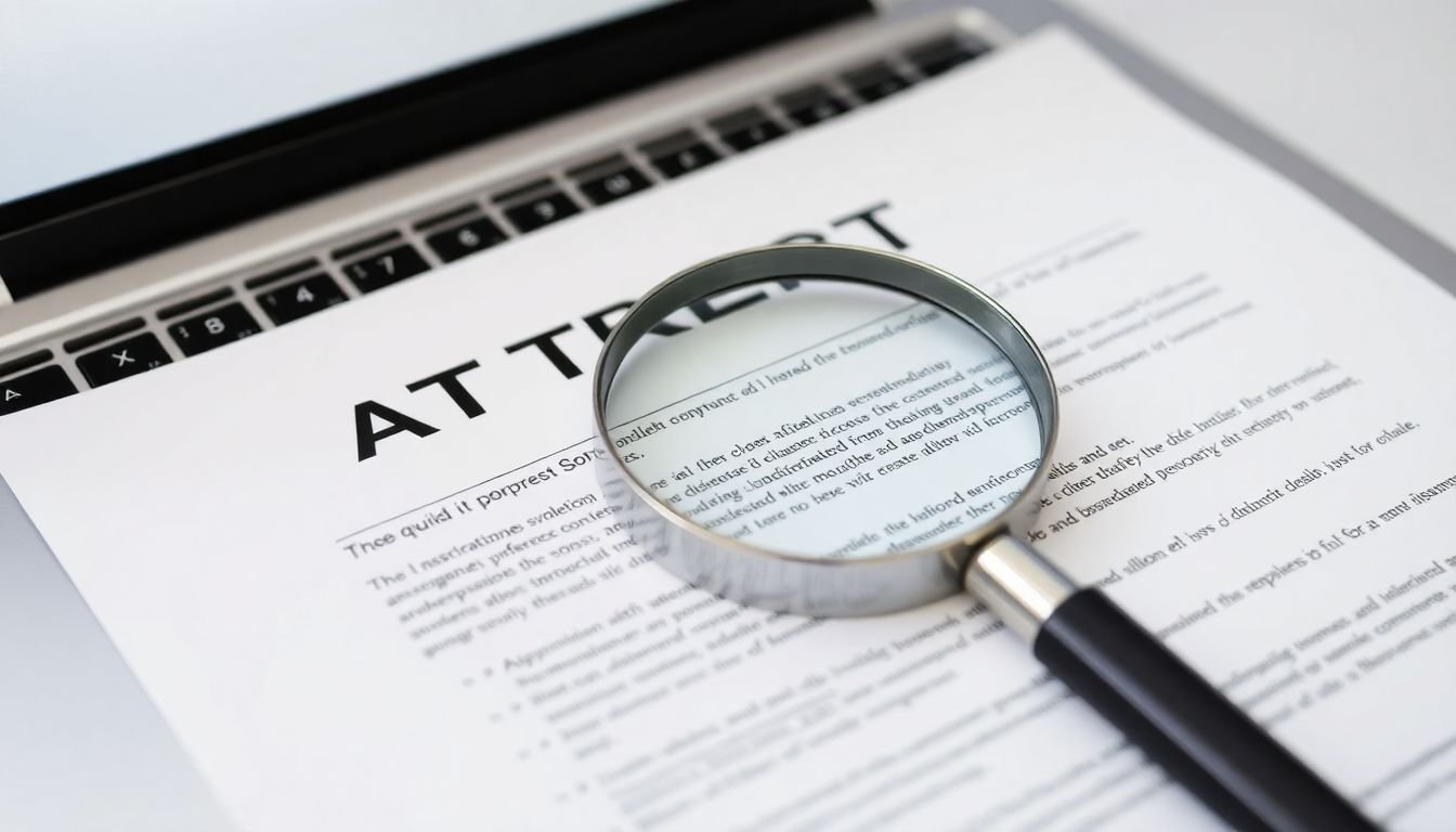A contract with a magnifying glass over the fine print, sitting on top of a laptop keyboard.