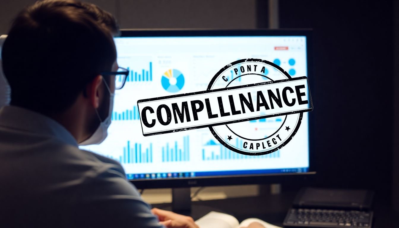 A data scientist analyzing graphs and charts, with a 'compliance' stamp on the screen.