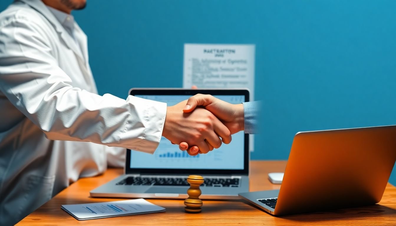 A handshake between a data scientist and a website owner, with a laptop and a legal document in the background.